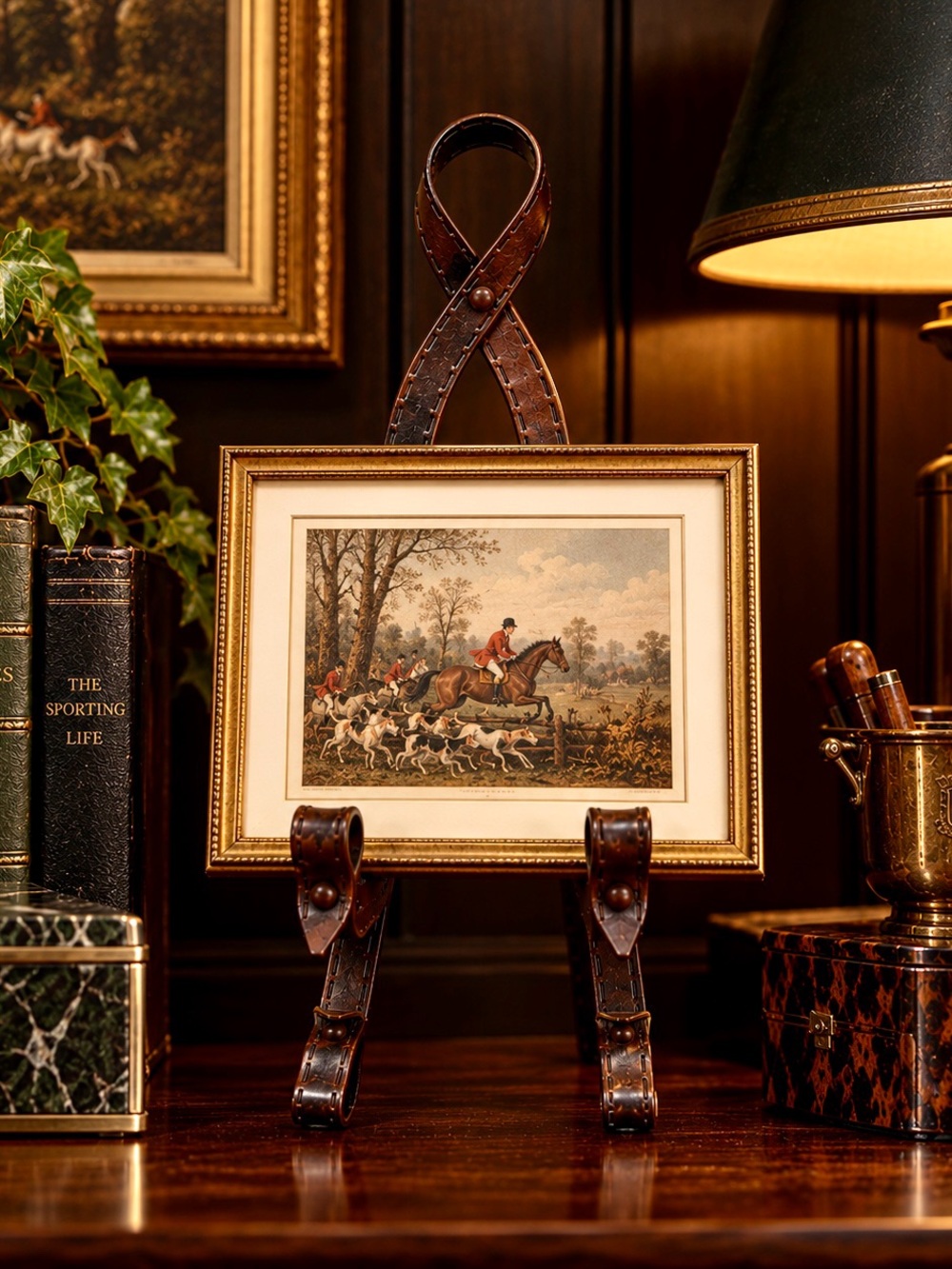 Equestrian Tack Dark Brown Leather-Look 13.5” Metal Art / Photo Display Easel